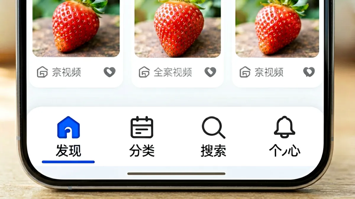 草莓视频底部导航栏特写：从左到右依次显示发现、分类、搜索和个人中心四个图标，发现页当前处于选中高亮状态，上方卡片式内容区排列整齐