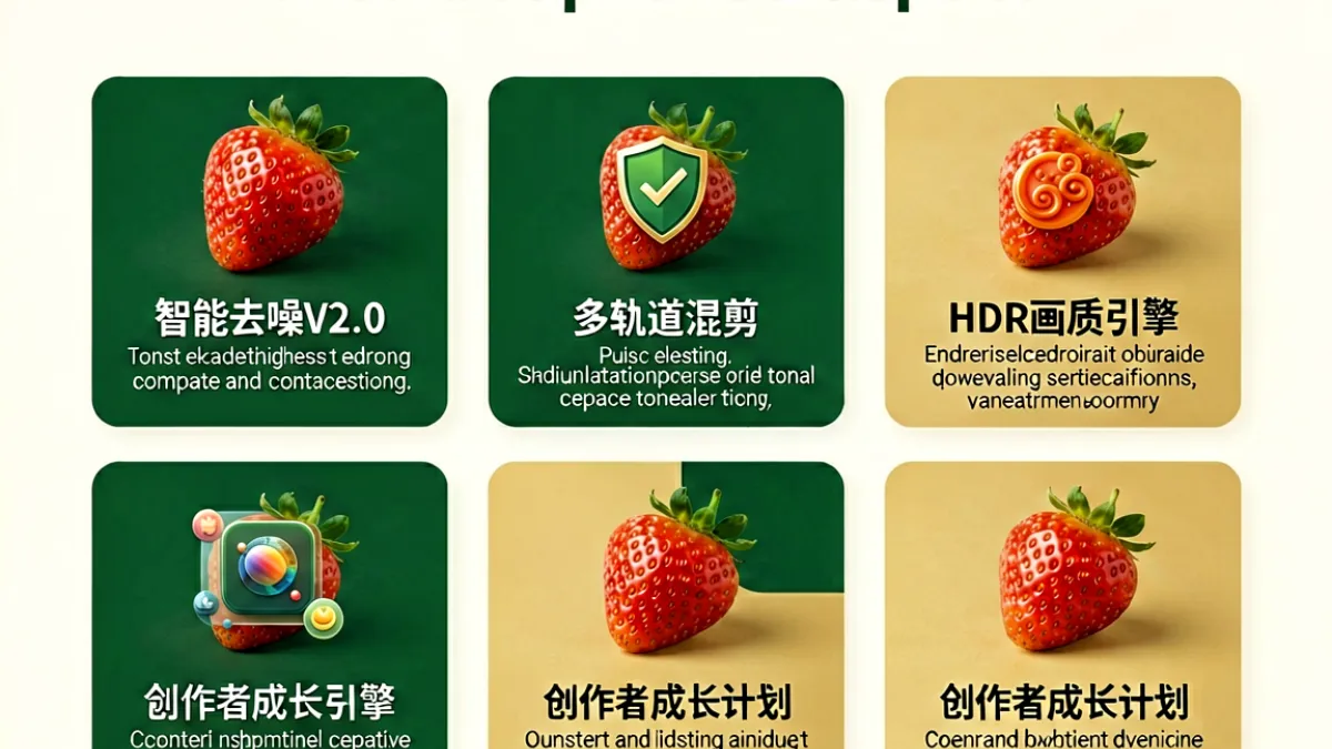 草莓视频最新版本更新日志长图，展示2026年9月上线的智能剪辑工具、HDR画质增强与创作者激励政策等核心功能入口